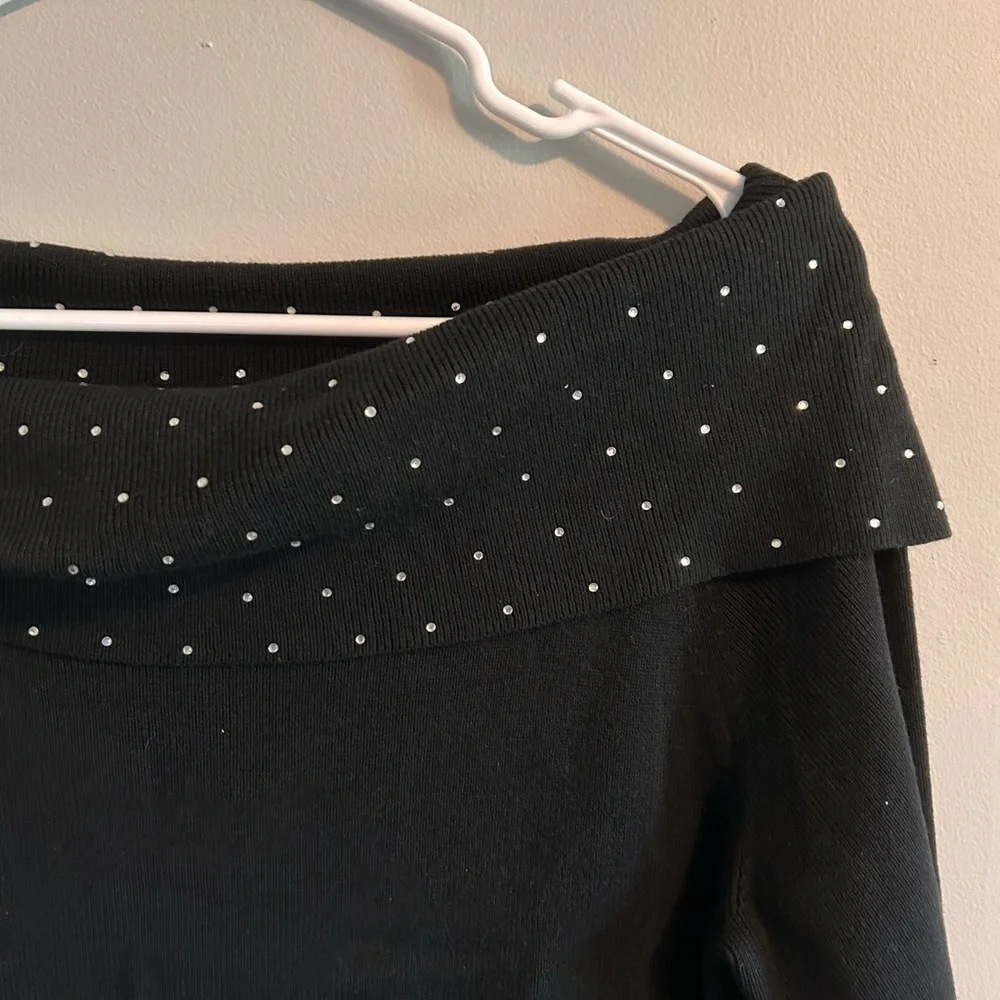 Y2K Quacker Factory Off Shoulder Rhinestone Black Sweater